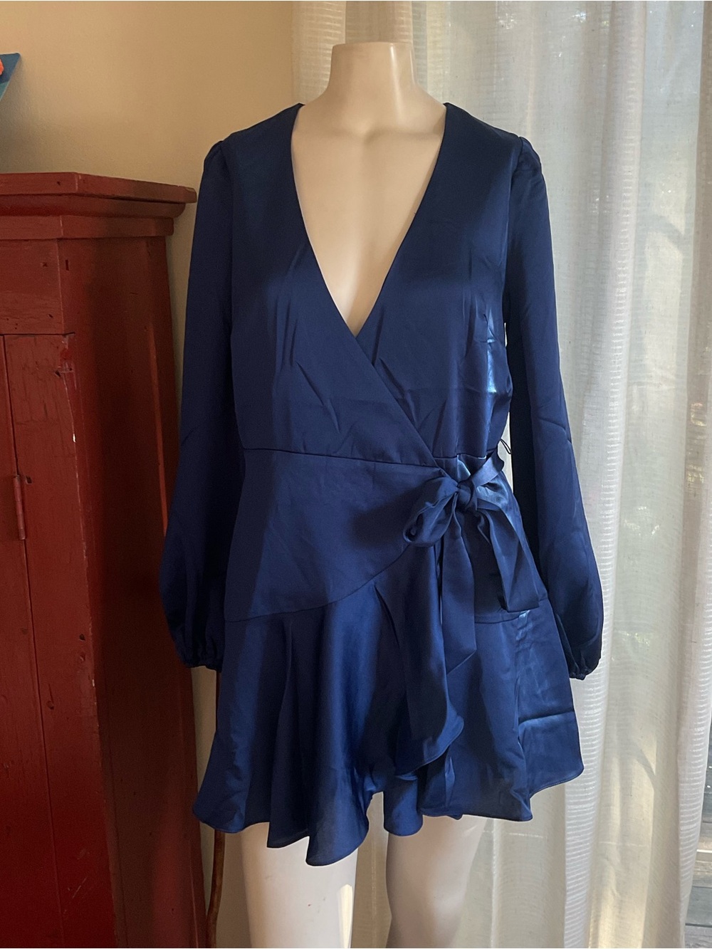 Lulus Blue Satin Ruffle Wrap Dress S NWT